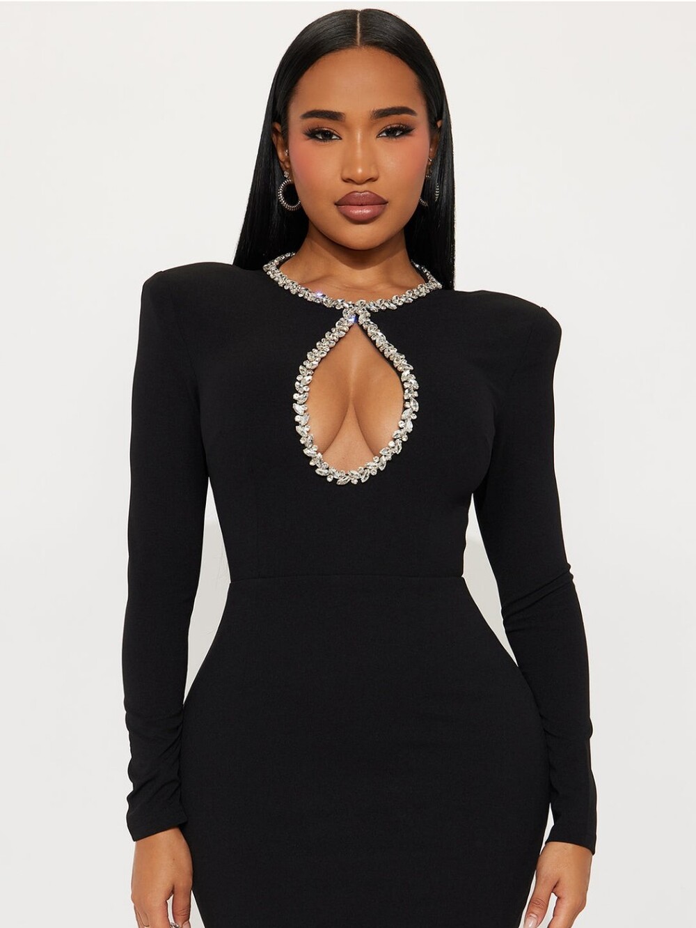 Long Sleeve Rhinestone Mini Dress - Black